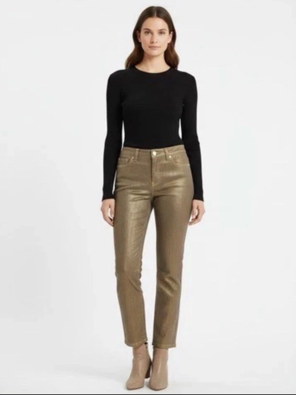 Anne Klein Metallic Gold Crop/Ankle Straight Jeans